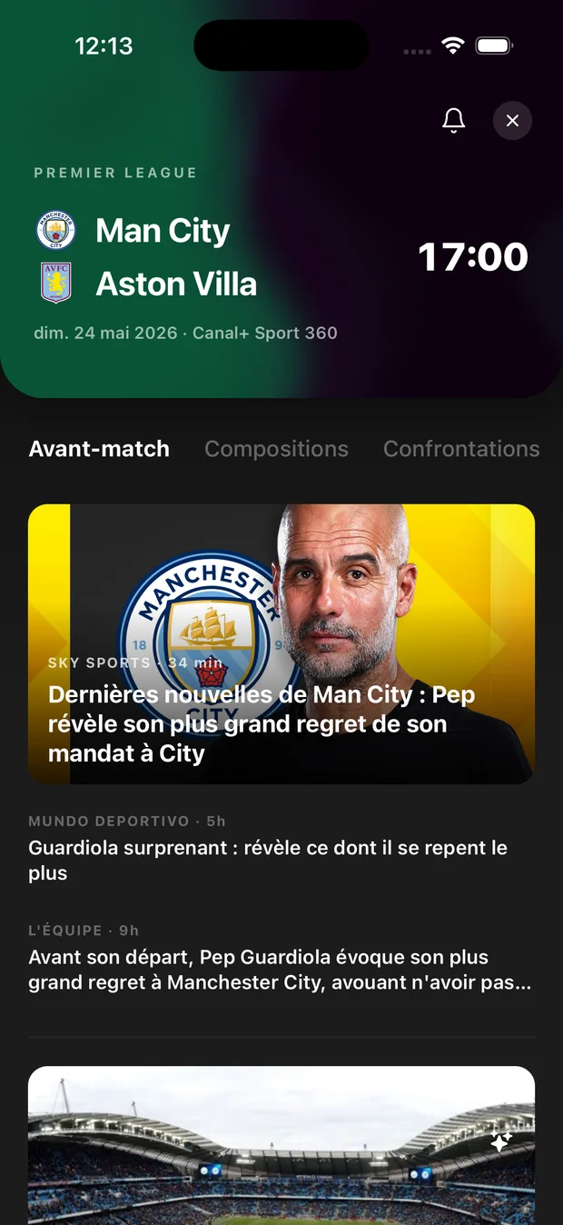 Détail d'un match — avant-match, compositions et actus